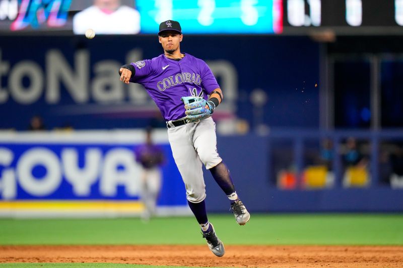 Jul 23, 2023; Miami, Florida, USA; Colorado Rockies shortstop Ezequiel Tovar (14) throws the ball to first base against the Miami Marlins during the ninth inning at loanDepot Park. Mandatory Credit: Rich Storry-USA TODAY Sports