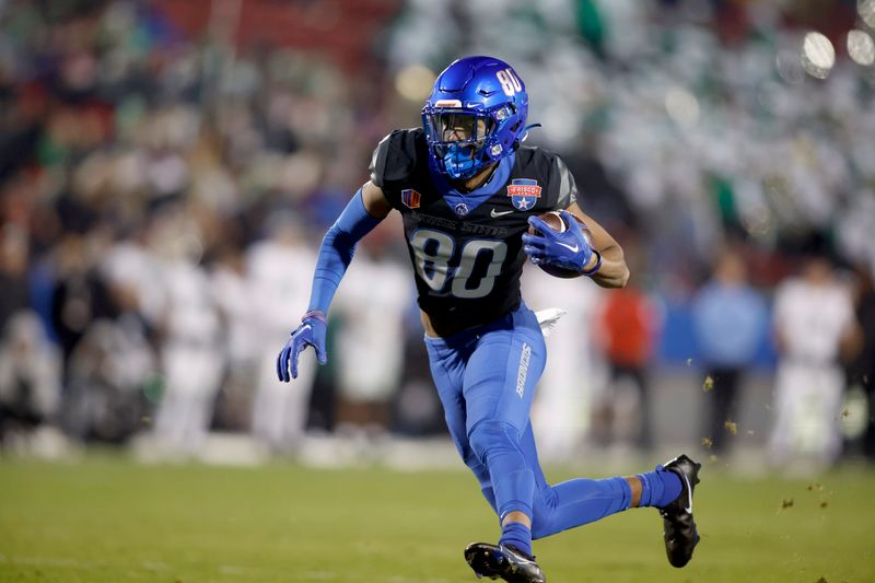 Dec 17, 2022; Frisco, Texas, USA;  Boise State Broncos wide receiver Eric McAlister (80) runs for a touchdown against the North Texas Mean Green in the second half at Toyota Stadium. Mandatory Credit: Tim Heitman-USA TODAY Sports