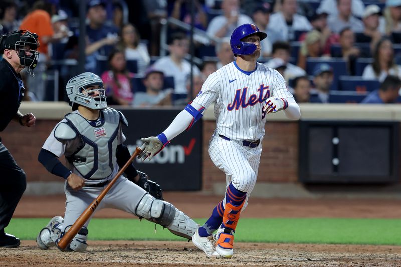 Jun 25, 2024; New York City, New York, USA; New York Mets left fielder Brandon Nimmo (9) follows through on a two run home run against the New York Yankees during the fourth inning at Citi Field. Mandatory Credit: Brad Penner-USA TODAY Sports