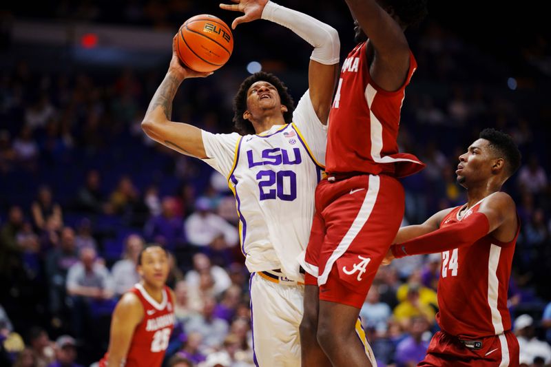 Feb 4, 2023; Baton Rouge, Louisiana, USA; LSU Tigers forward Derek Fountain (20) shoots the ball against the Alabama Crimson Tide during the first half at Pete Maravich Assembly Center. Mandatory Credit: Andrew Wevers-USA TODAY Sports