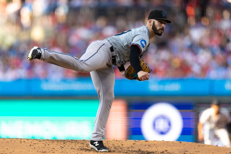 Jun 28, 2024; Philadelphia, Pennsylvania, USA; Miami Marlins pitcher Kyle Tyler (73) throws a pitch during the third inning against the Philadelphia Phillies at Citizens Bank Park. Mandatory Credit: Bill Streicher-USA TODAY Sports