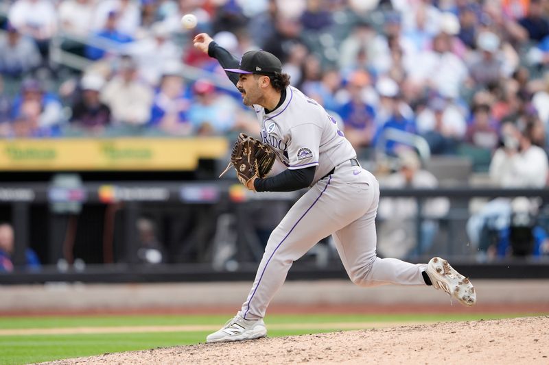 Jun 1, 2025; New York City, New York, USA; Colorado Rockies pitcher Zach Agnos (36) delivers a pitch against the New York Mets during the eighth inning at Citi Field. Mandatory Credit: Gregory Fisher-Imagn Images