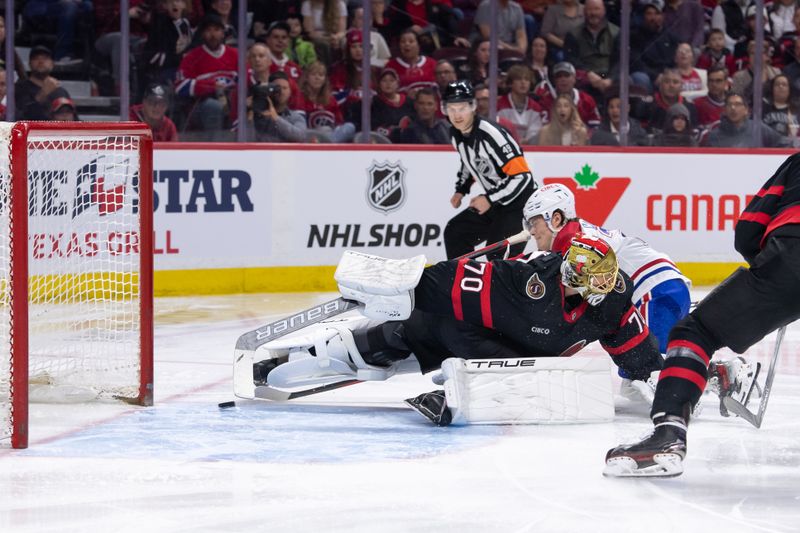 Apr 13, 2024; Ottawa, Ontario, CAN; Montreal Canadiens right wing Cole Caufield (22) scores against Ottawa Senators goalie Joonas Korpisalo (70) in the second period at the Canadian Tire Centre. Mandatory Credit: Marc DesRosiers-USA TODAY Sports