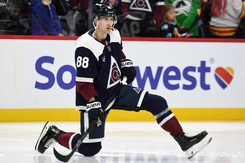 Jan 31, 2025; Denver, Colorado, USA; Colorado Avalanche center Martin Necas (88) stretches before the game against the St. Louis Blues at Ball Arena. Mandatory Credit: Christopher Hanewinckel-Imagn Images