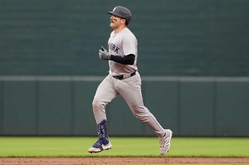 Apr 30, 2024; Baltimore, Maryland, USA; New York Yankees catcher Austin Wells (28) rounds the bases following his third inning solo home run against the Baltimore Orioles at Oriole Park at Camden Yards. Mandatory Credit: Mitch Stringer-USA TODAY Sports