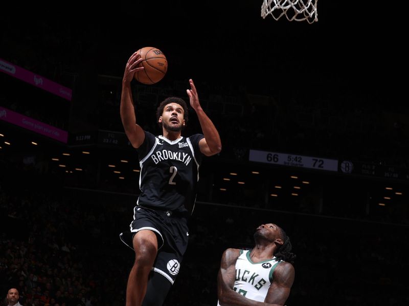 BROOKLYN, NY - DECEMBER 8: Cameron Johnson #2 of the Brooklyn Nets shoots the ball during the game against the Milwaukee Bucks on December 8, 2024 at Barclays Center in Brooklyn, New York. NOTE TO USER: User expressly acknowledges and agrees that, by downloading and or using this Photograph, user is consenting to the terms and conditions of the Getty Images License Agreement. Mandatory Copyright Notice: Copyright 2024 NBAE (Photo by Nathaniel S. Butler/NBAE via Getty Images)