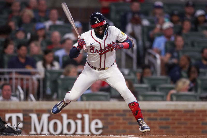 Sep 22, 2025; Atlanta, Georgia, USA; Atlanta Braves left fielder Jurickson Profar (7) gets out of the way of a pitch against the Washington Nationals in the second inning at Truist Park. Mandatory Credit: Brett Davis-Imagn Images
