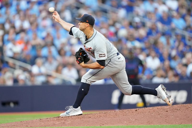 Jul 19, 2024; Toronto, Ontario, CAN; Detroit Tigers starting pitcher Jack Flaherty (9) pitches to the Toronto Blue Jays during the third inning at Rogers Centre. Mandatory Credit: John E. Sokolowski-USA TODAY Sports