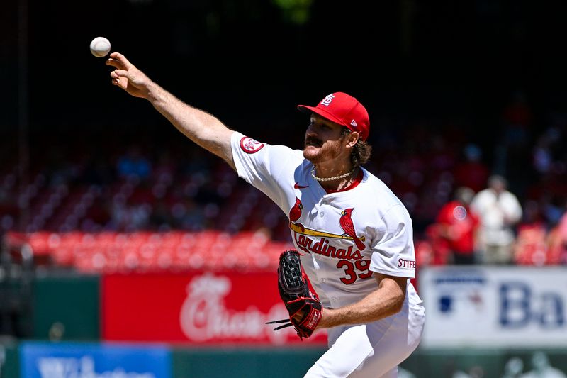 Aug 22, 2024; St. Louis, Missouri, USA;  St. Louis Cardinals starting pitcher Miles Mikolas (39) pitches against the Milwaukee Brewers during the first inning at Busch Stadium. Mandatory Credit: Jeff Curry-USA TODAY Sports