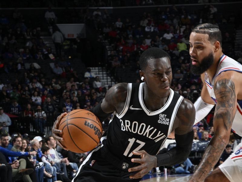 PHILADELPHIA, PA - OCTOBER 16:  Dennis Schroder #17 of the Brooklyn Nets dribbles the ball during the game against the Philadelphia 76ers on October 16, 2024 at the Wells Fargo Center in Philadelphia, Pennsylvania NOTE TO USER: User expressly acknowledges and agrees that, by downloading and/or using this Photograph, user is consenting to the terms and conditions of the Getty Images License Agreement. Mandatory Copyright Notice: Copyright 2024 NBAE (Photo by David Dow/NBAE via Getty Images)