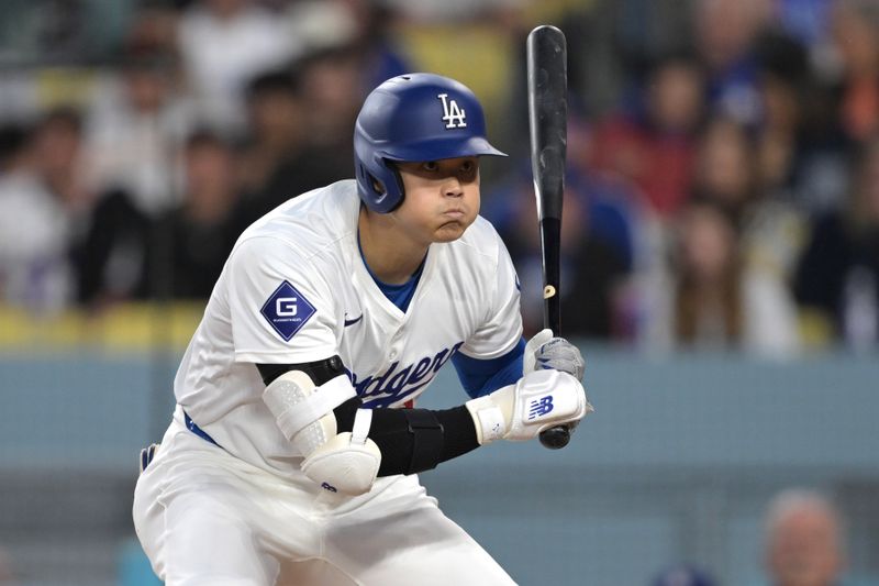 Apr 2, 2024; Los Angeles, California, USA;  Los Angeles Dodgers designated hitter Shohei Ohtani (17) at bat in the first inning against the San Francisco Giants at Dodger Stadium. Mandatory Credit: Jayne Kamin-Oncea-USA TODAY Sports