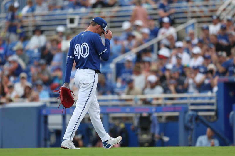 Mar 8, 2024; Dunedin, Florida, USA;  Toronto Blue Jays starting pitcher Chris Bassitt (40) leaves the game against the New York Yankees in the fifth inning at TD Ballpark. Mandatory Credit: Nathan Ray Seebeck-USA TODAY Sports