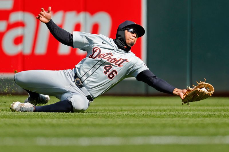 Apr 20, 2024; Minneapolis, Minnesota, USA; Detroit Tigers right fielder Wenceel Perez (46) catches a fly ball in the eighth inning at Target Field. Mandatory Credit: Bruce Kluckhohn-USA TODAY Sports