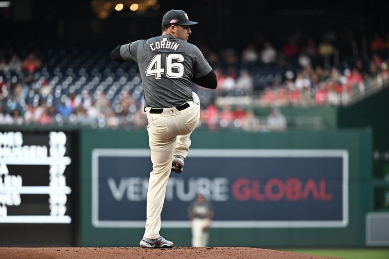 Aug 10, 2024; Washington, District of Columbia, USA;  Washington Nationals starting pitcher Patrick Corbin (46) delivers a pitch during the first inning against the Los Angeles Angels at Nationals Park. Mandatory Credit: James A. Pittman-USA TODAY Sports
