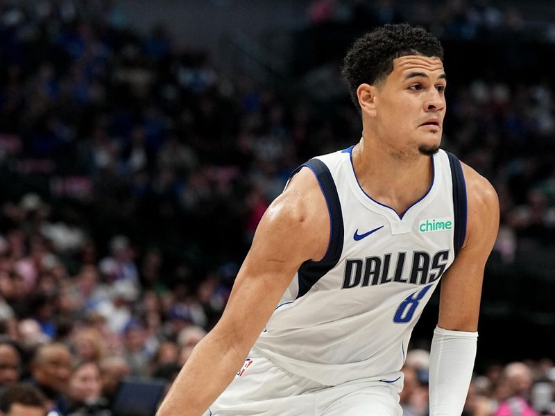 DALLAS, TX - OCTOBER 20: Josh Green #8 of the Dallas Mavericks dribbles the ball during the game against the Detroit Pistons on October 20, 2023 at the American Airlines Center in Dallas, Texas. NOTE TO USER: User expressly acknowledges and agrees that, by downloading and or using this photograph, User is consenting to the terms and conditions of the Getty Images License Agreement. Mandatory Copyright Notice: Copyright 2023 NBAE (Photo by Glenn James/NBAE via Getty Images)