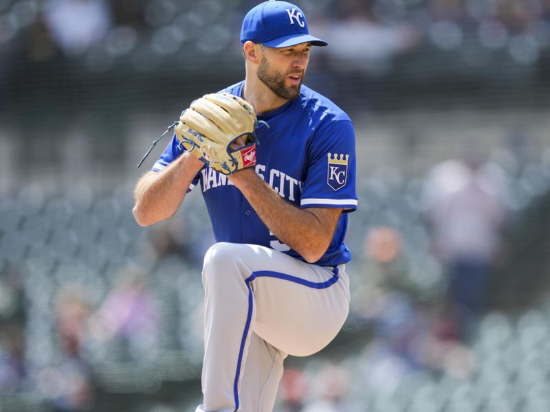 Apr 20, 2025; Detroit, Michigan, USA; Kansas City Royals pitcher Michael Wacha (52) throws against the Detroit Tigers in the second inning at Comerica Park. Mandatory Credit: Aaron Doster-Imagn Images