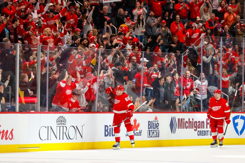 Dec 9, 2023; Detroit, Michigan, USA; Detroit Red Wings right wing Patrick Kane (88) celebrates his goal scored during the first period at Little Caesars Arena. Mandatory Credit: Brian Bradshaw Sevald-USA TODAY Sports