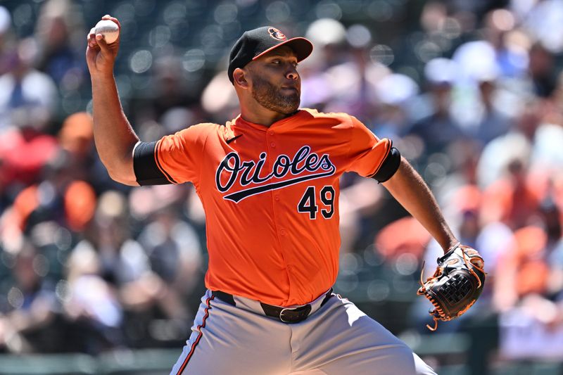 May 25, 2024; Chicago, Illinois, USA;  Baltimore Orioles pitcher Albert Suarez (49) pitches in the first inning against the Chicago White Sox at Guaranteed Rate Field. Mandatory Credit: Jamie Sabau-USA TODAY Sports