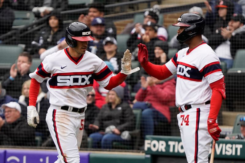 Apr 30, 2023; Chicago, Illinois, USA; Chicago White Sox center fielder Adam Haseley (51) is greeted by designated hitter Eloy Jimenez (74) after scoring against the Tampa Bay Rays during the first inning at Guaranteed Rate Field. Mandatory Credit: David Banks-USA TODAY Sports