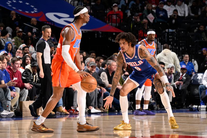 PHILADELPHIA, PA - JANUARY 14: Kelly Oubre Jr. #9 of the Philadelphia 76ers plays defense during the game against the Oklahoma City Thunder on January 14, 2025 at the Wells Fargo Center in Philadelphia, Pennsylvania NOTE TO USER: User expressly acknowledges and agrees that, by downloading and/or using this Photograph, user is consenting to the terms and conditions of the Getty Images License Agreement. Mandatory Copyright Notice: Copyright 2025 NBAE (Photo by David Dow/NBAE via Getty Images)