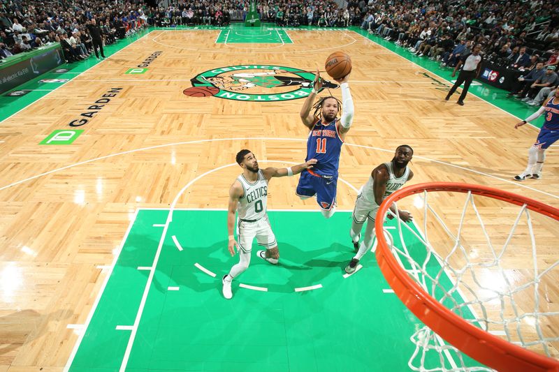 BOSTON, MA - APRIL 11: Jalen Brunson #11 of the New York Knicks shoots the ball during the game against the Boston Celtics on April 11, 2024 at the TD Garden in Boston, Massachusetts. NOTE TO USER: User expressly acknowledges and agrees that, by downloading and or using this photograph, User is consenting to the terms and conditions of the Getty Images License Agreement. Mandatory Copyright Notice: Copyright 2024 NBAE  (Photo by Nathaniel S. Butler/NBAE via Getty Images)