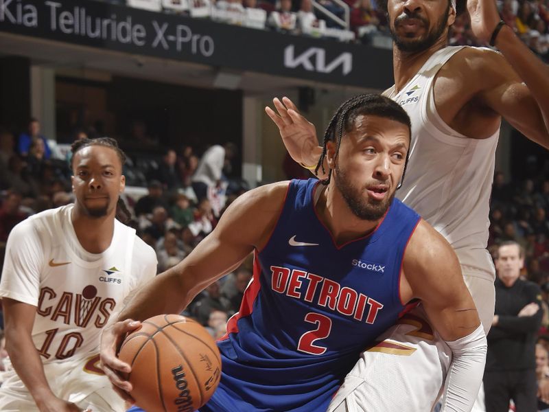 CLEVELAND, OH - OCTOBER 25: Cade Cunningham #2 of the Detroit Pistons drives to the basket during the game against the Cleveland Cavaliers on October 25, 2024 at Rocket Mortgage FieldHouse in Cleveland, Ohio. NOTE TO USER: User expressly acknowledges and agrees that, by downloading and/or using this Photograph, user is consenting to the terms and conditions of the Getty Images License Agreement. Mandatory Copyright Notice: Copyright 2024 NBAE (Photo by David Liam Kyle/NBAE via Getty Images)