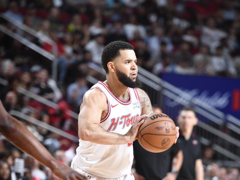 HOUSTON, TX - APRIL 5: Fred VanVleet #5 of the Houston Rockets looks to pass the ball during the game against the Miami Heat on April 5, 2024 at the Toyota Center in Houston, Texas. NOTE TO USER: User expressly acknowledges and agrees that, by downloading and or using this photograph, User is consenting to the terms and conditions of the Getty Images License Agreement. Mandatory Copyright Notice: Copyright 2024 NBAE (Photo by Logan Riely/NBAE via Getty Images)