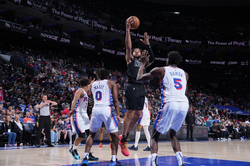 PHILADELPHIA, PA - APRIL 14: Trendon Watford #9 of the Brooklyn Nets shoots the ball during the game against the Philadelphia 76ers on April 14, 2024 at the Wells Fargo Center in Philadelphia, Pennsylvania NOTE TO USER: User expressly acknowledges and agrees that, by downloading and/or using this Photograph, user is consenting to the terms and conditions of the Getty Images License Agreement. Mandatory Copyright Notice: Copyright 2024 NBAE (Photo by Jesse D. Garrabrant/NBAE via Getty Images)