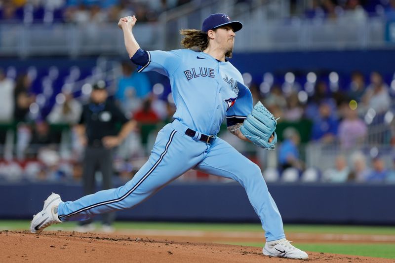 Jun 21, 2023; Miami, Florida, USA; Toronto Blue Jays starting pitcher Kevin Gausman (34) delivers a pitch against the Miami Marlins during the first inning at loanDepot Park. Mandatory Credit: Sam Navarro-USA TODAY Sports