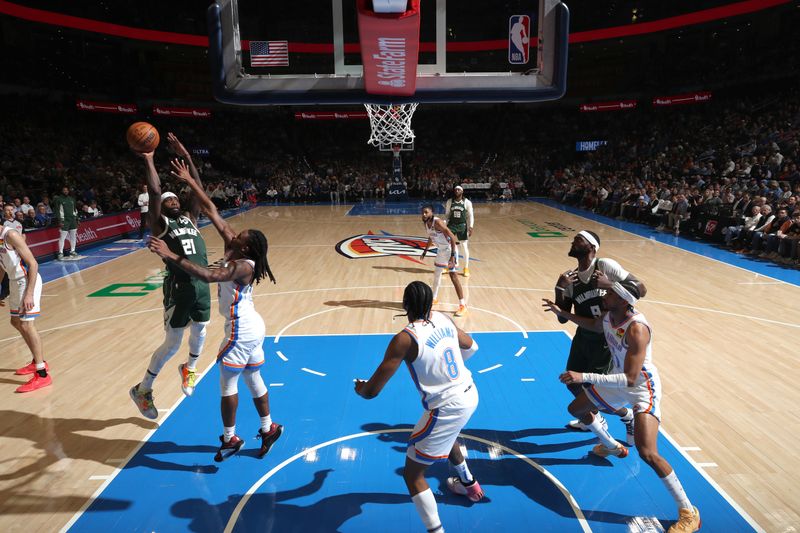 OKLAHOMA CITY, OK - APRIL 12: Patrick Beverley #21 of the Milwaukee Bucks shoots the ball during the game against the Oklahoma City Thunder on April 12, 2024 at Paycom Arena in Oklahoma City, Oklahoma. NOTE TO USER: User expressly acknowledges and agrees that, by downloading and or using this photograph, User is consenting to the terms and conditions of the Getty Images License Agreement. Mandatory Copyright Notice: Copyright 2024 NBAE (Photo by Zach Beeker/NBAE via Getty Images)