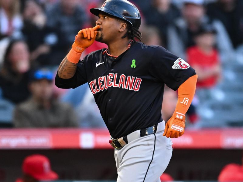 May 25, 2024; Anaheim, California, USA; Cleveland Guardians third baseman Jose Ramirez (11) celebrates after hitting a two-run home run against the Los Angeles Angels during the third inning at Angel Stadium. Mandatory Credit: Jonathan Hui-USA TODAY Sports
