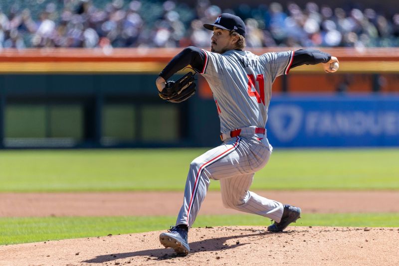 Apr 13, 2024; Detroit, Michigan, USA; Minnesota Twins starting pitcher Joe Ryan (41) throws in the in the first inning during game one of a double header against the Detroit Tigers at Comerica Park. Mandatory Credit: David Reginek-USA TODAY Sports