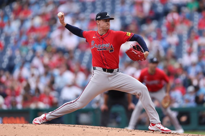 May 29, 2025; Philadelphia, Pennsylvania, USA; Atlanta Braves pitcher Scott Blewett (63) throws a pitch against the Philadelphia Phillies during the third inning at Citizens Bank Park. Mandatory Credit: Bill Streicher-Imagn Images