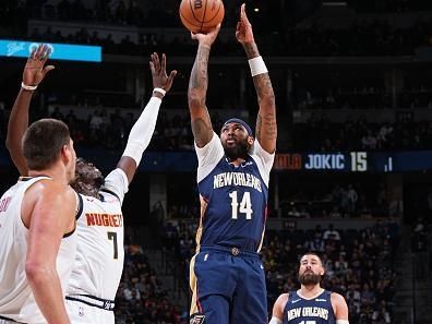 DENVER, CO - NOVEMBER 6: Brandon Ingram #14 of the New Orleans Pelicans shoots the ball during the game against the Denver Nuggets on November 6, 2023 at the Ball Arena in Denver, Colorado. NOTE TO USER: User expressly acknowledges and agrees that, by downloading and/or using this Photograph, user is consenting to the terms and conditions of the Getty Images License Agreement. Mandatory Copyright Notice: Copyright 2023 NBAE (Photo by Garrett Ellwood/NBAE via Getty Images)