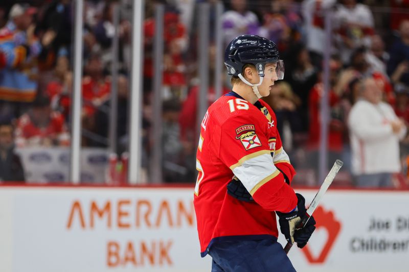 Apr 13, 2024; Sunrise, Florida, USA; Florida Panthers center Anton Lundell (15) looks on after scoring against the Buffalo Sabres during the first period at Amerant Bank Arena. Mandatory Credit: Sam Navarro-USA TODAY Sports