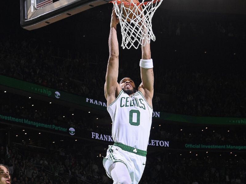 BOSTON, MA - JANUARY 29: Jayson Tatum #0 of the Boston Celtics dunks the ball during the game against the New Orleans Pelicans on January 29, 2024 at the TD Garden in Boston, Massachusetts. NOTE TO USER: User expressly acknowledges and agrees that, by downloading and or using this photograph, User is consenting to the terms and conditions of the Getty Images License Agreement. Mandatory Copyright Notice: Copyright 2024 NBAE  (Photo by Brian Babineau/NBAE via Getty Images)