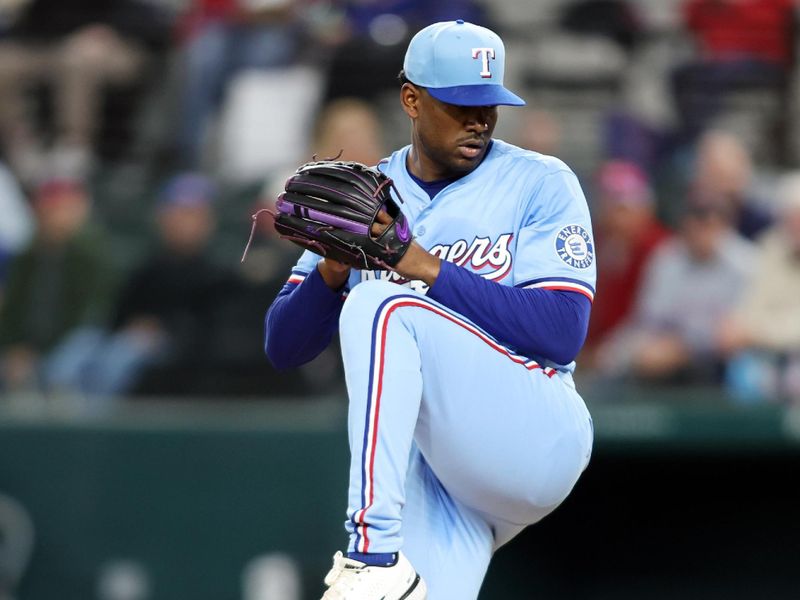 Apr 6, 2025; Arlington, Texas, USA; Texas Rangers pitcher Kumar Rocker (80) throws a pitch during the first inning against the Tampa Bay Rays at Globe Life Field. Mandatory Credit: Tim Heitman-Imagn Images
