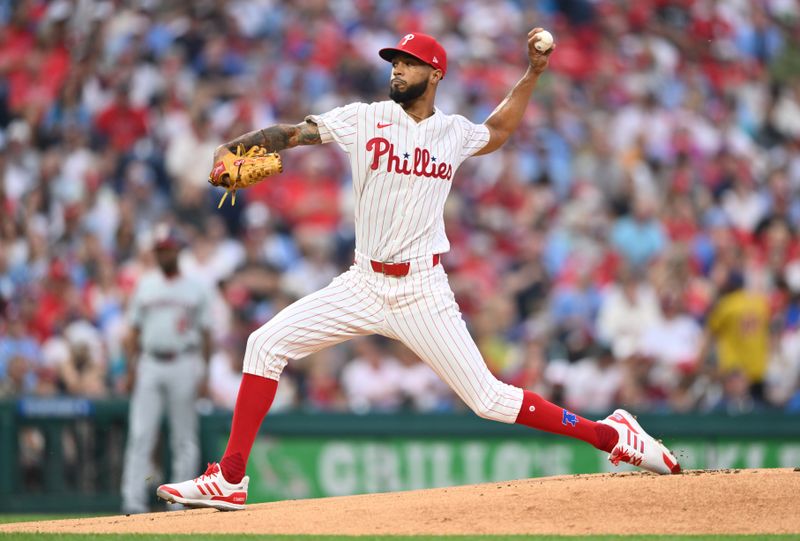 Aug 17, 2024; Philadelphia, Pennsylvania, USA; Philadelphia Phillies starting pitcher Cristopher Sanchez (61) throws a pitch against the Washington Nationals in the first inning at Citizens Bank Park. Mandatory Credit: Kyle Ross-USA TODAY Sports