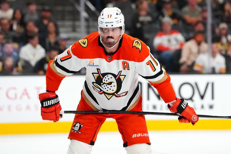 Oct 13, 2024; Las Vegas, Nevada, USA; Anaheim Ducks left wing Alex Killorn (17) awaits a face off against the Vegas Golden Knights during the third period at T-Mobile Arena. Mandatory Credit: Stephen R. Sylvanie-Imagn Images