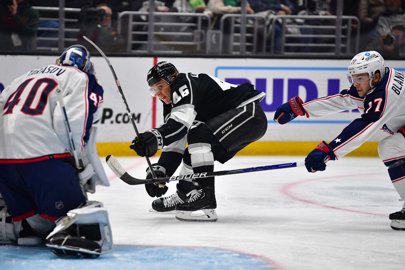 Mar 16, 2023; Los Angeles, California, USA; Los Angeles Kings center Blake Lizotte (46) shoots on goal against Columbus Blue Jackets goaltender Daniil Tarasov (40) during the second period at Crypto.com Arena. Mandatory Credit: Gary A. Vasquez-USA TODAY Sports