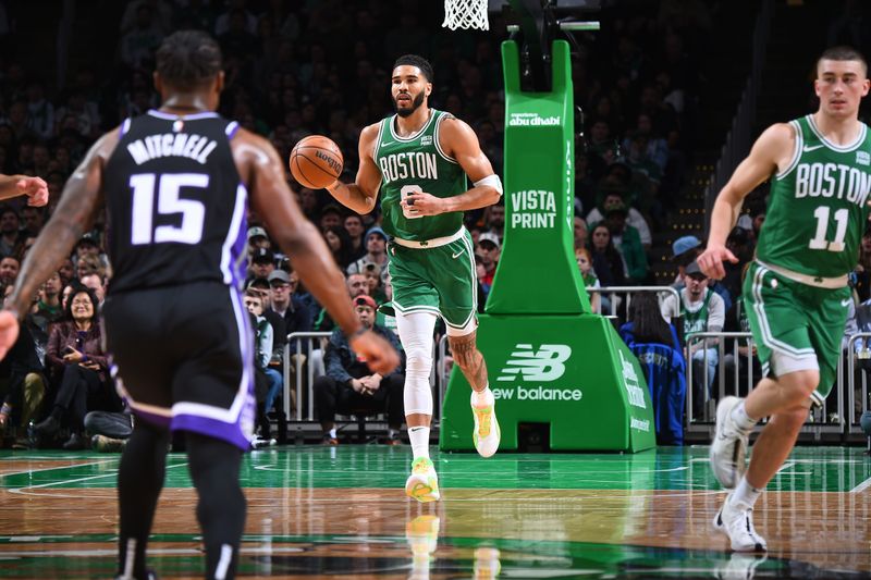 BOSTON, MA - APRIL 5:  Jayson Tatum #0 of the Boston Celtics dribbles the ball during the game against the Sacramento Kings on April 5, 2024 at the TD Garden in Boston, Massachusetts. NOTE TO USER: User expressly acknowledges and agrees that, by downloading and or using this photograph, User is consenting to the terms and conditions of the Getty Images License Agreement. Mandatory Copyright Notice: Copyright 2024 NBAE  (Photo by Brian Babineau/NBAE via Getty Images)