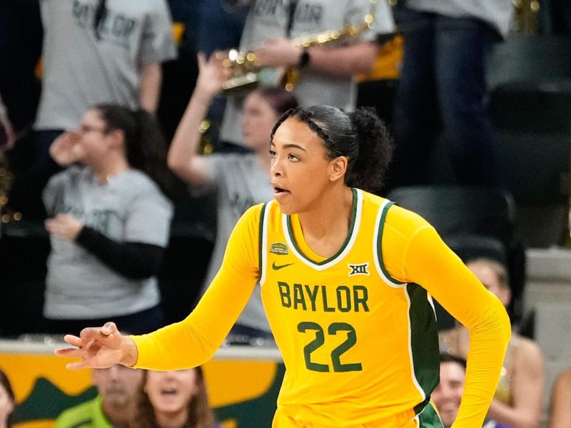 Feb 18, 2024; Waco, Texas, USA;  Baylor Lady Bears guard Bella Fontleroy (22) reacts after scoring a three point basket against the Texas Tech Red Raiders during the first half at Paul and Alejandra Foster Pavilion. Mandatory Credit: Chris Jones-USA TODAY Sports

