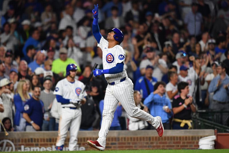 Aug 21, 2024; Chicago, Illinois, USA; Chicago Cubs catcher Christian Bethancourt (60) rounds the bases after hitting a two-run home run during the fifth inning against the Detroit Tigers at Wrigley Field. Mandatory Credit: Patrick Gorski-USA TODAY Sports