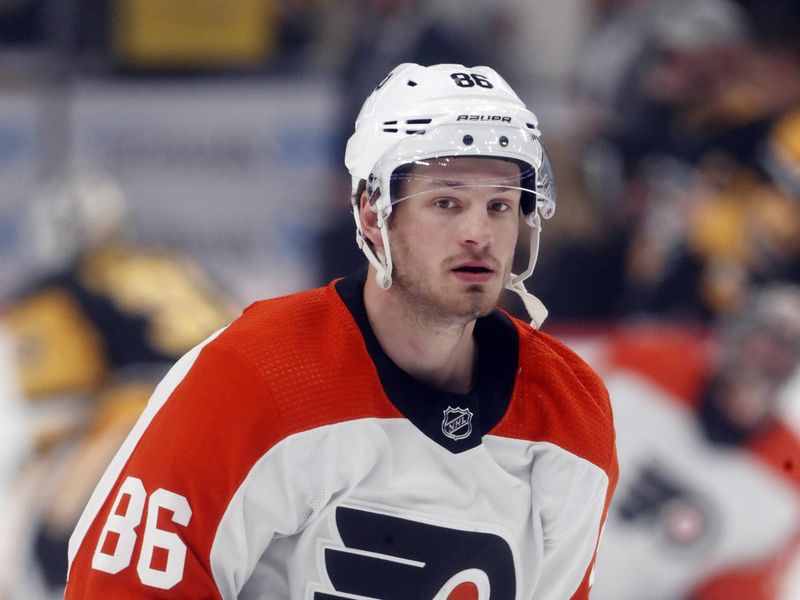 Feb 25, 2024; Pittsburgh, Pennsylvania, USA;  Philadelphia Flyers left wing Joel Farabee (86) warms up before the game against the Pittsburgh Penguins at PPG Paints Arena. Mandatory Credit: Charles LeClaire-USA TODAY Sports