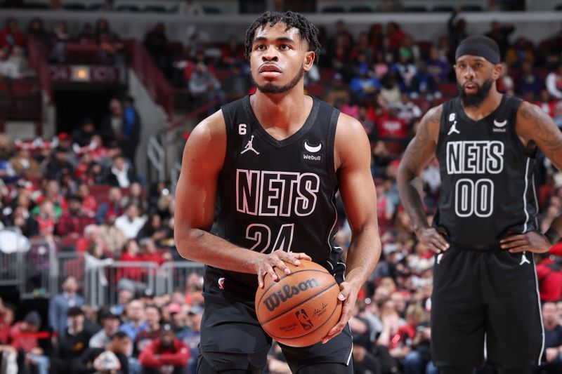 CHICAGO, IL - FEBRUARY 24: Cam Thomas #24 of the Brooklyn Nets prepares to shoot a free throw during the game against the Chicago Bulls on February 24, 2023 at United Center in Chicago, Illinois. NOTE TO USER: User expressly acknowledges and agrees that, by downloading and or using this photograph, User is consenting to the terms and conditions of the Getty Images License Agreement. Mandatory Copyright Notice: Copyright 2023 NBAE (Photo by Jeff Haynes/NBAE via Getty Images)