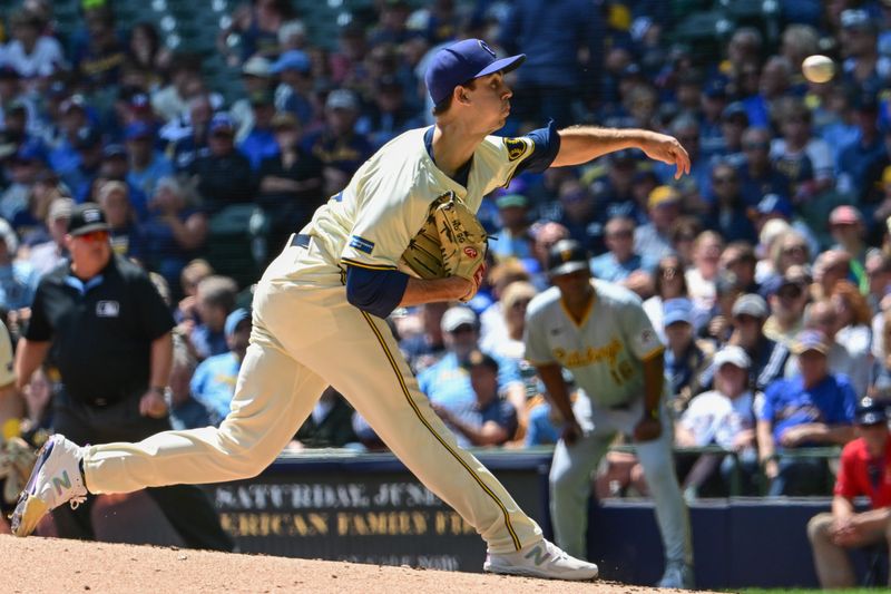 May 15, 2024; Milwaukee, Wisconsin, USA; Milwaukee Brewers pitcher Robert Gasser (54) throws a pitch in the second inning against the Pittsburgh Pirates at American Family Field. Mandatory Credit: Benny Sieu-USA TODAY Sports