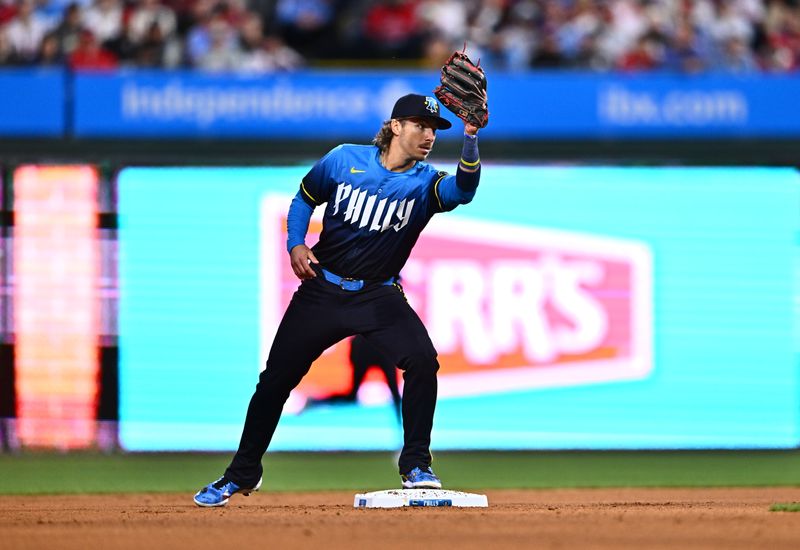 Apr 12, 2024; Philadelphia, Pennsylvania, USA; Philadelphia Phillies second baseman Bryson Stott (5) tags second base against the Pittsburgh Pirates in the fourth inning at Citizens Bank Park. Mandatory Credit: Kyle Ross-USA TODAY Sports