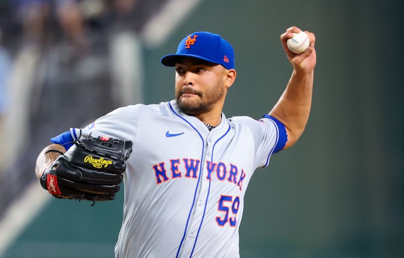Jun 19, 2024; Arlington, Texas, USA; New York Mets starting pitcher Sean Manaea (59) throws during the first inning against the Texas Rangers at Globe Life Field. Mandatory Credit: Kevin Jairaj-USA TODAY Sports