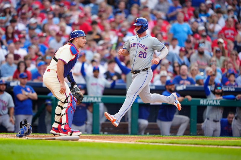 Sep 14, 2024; Philadelphia, Pennsylvania, USA; New York Mets first baseman Pete Alonso (20) scores a run on a RBI triple by right fielder Starling Marte (not pictured) against the Philadelphia Phillies during the third inning at Citizens Bank Park. Mandatory Credit: Gregory Fisher-Imagn Images