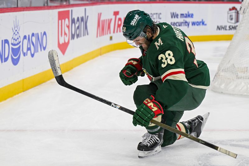 Dec 13, 2025; Saint Paul, Minnesota, USA;  Minnesota Wild forward Ryan Hartman (38) celebrates his power play goal against the Ottawa Senators during the second period at Grand Casino Arena. Mandatory Credit: Nick Wosika-Imagn Images